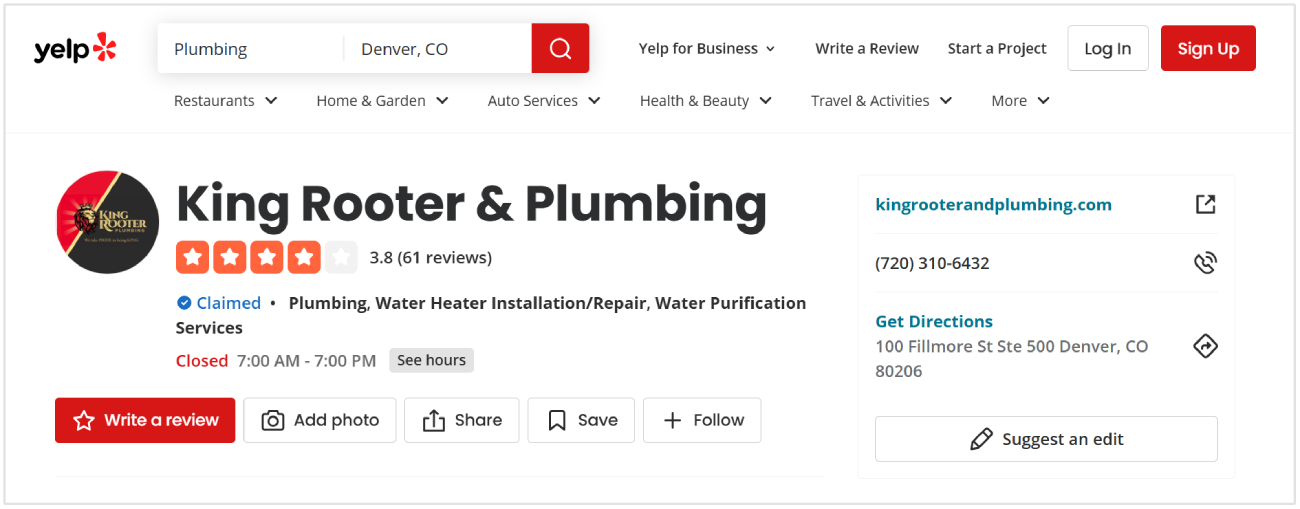 Yelp listing